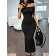 thumbnail image 2 of Womens Black Off The Shoulder Ruched Bodycon Midi Dress, 2 of 5