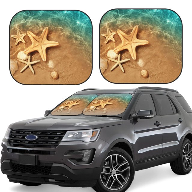 Fotbe Starfish And Seashell 1 Juego de 2 Piezas de Parasoles para Parabrisas | Bloqueador Solar para Auto | Accesorios Plegables para Protección Solar Interior-Small