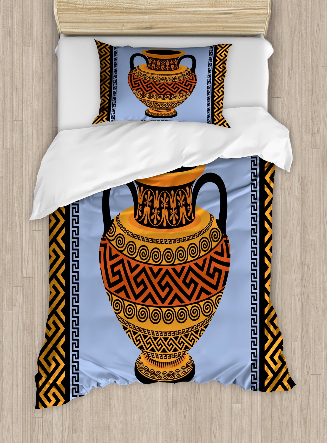 Greek Key Twin Size Duvet Cover Set Frame With Traditional Vintage Square Ornament Meander And Amphora Decorative 2 Piece Bedding 1 Pillow