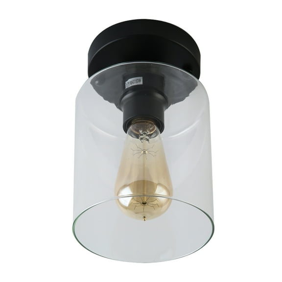 1-Light Glass Flush Mount Ceiling Light,Industrial Design for Closet Hallway Stair,Matte Black Finish with Clear Glass Shade