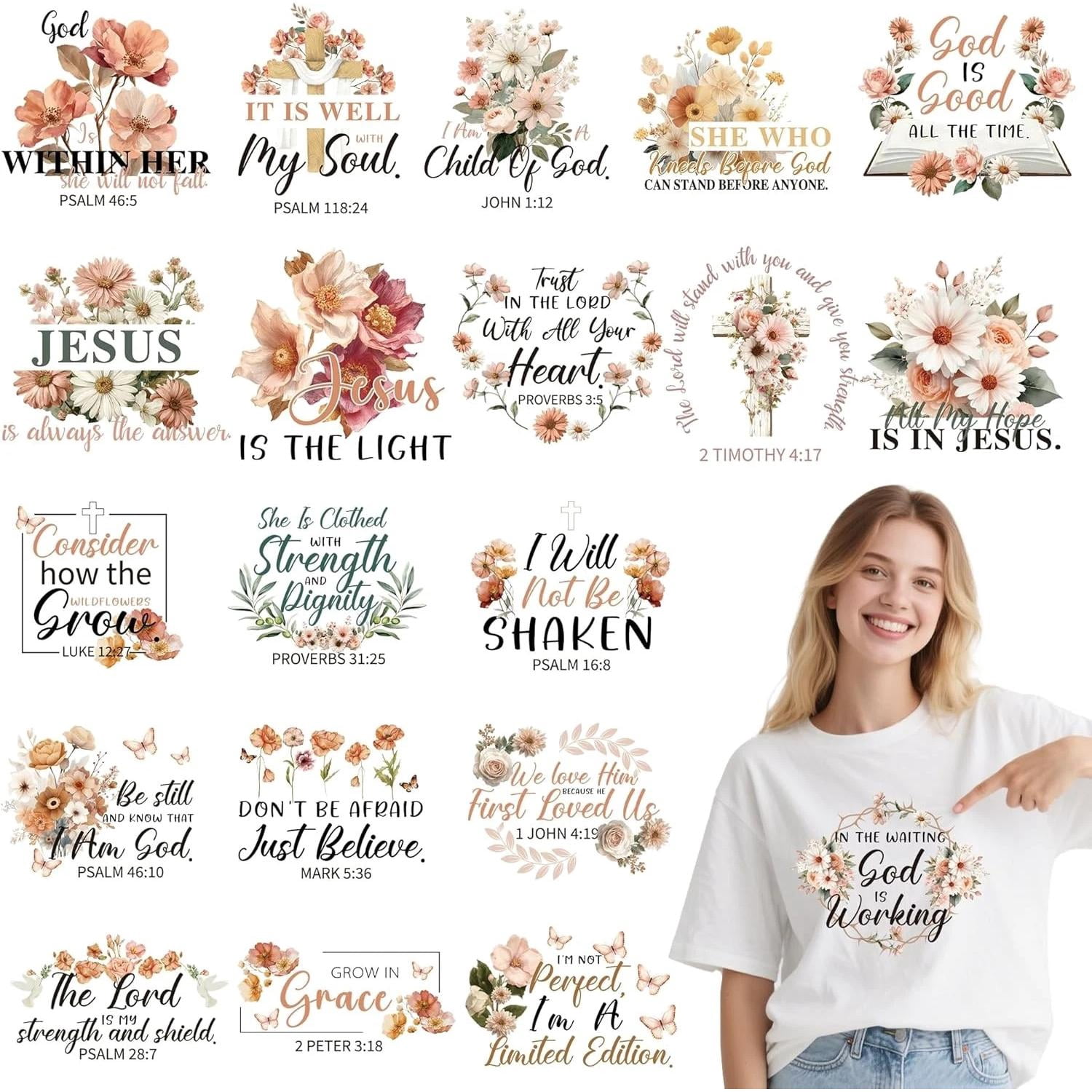 20 Sheets Bible Verse Iron on Transfers for T-Shirts, Christian Floral DTF Trans