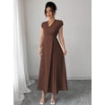 thumbnail image 3 of Coffee Brown Womens V-Neck Ruched Waist Pleated Maxi Dress With Drop Shoulder Sleeve, 3 of 6