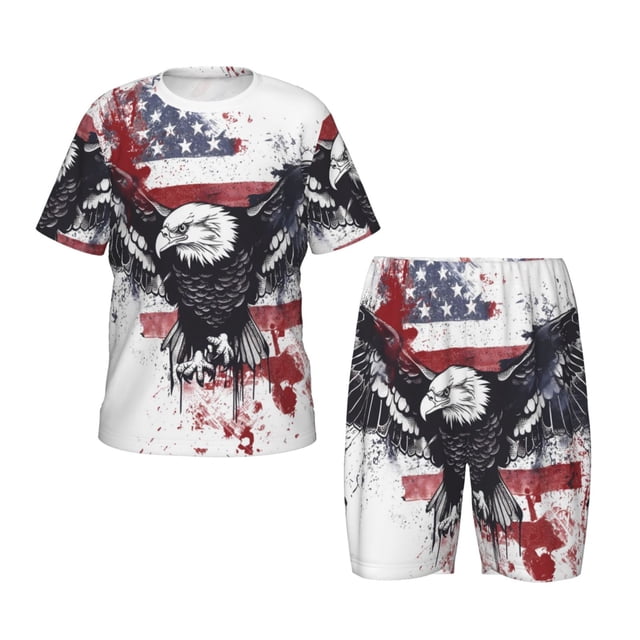 Balery American Flag Eagle Art Conjunto de Pijama Infantil de Manga Corta con Estampado – Ropa de Dormir de Algodón Suave-Small