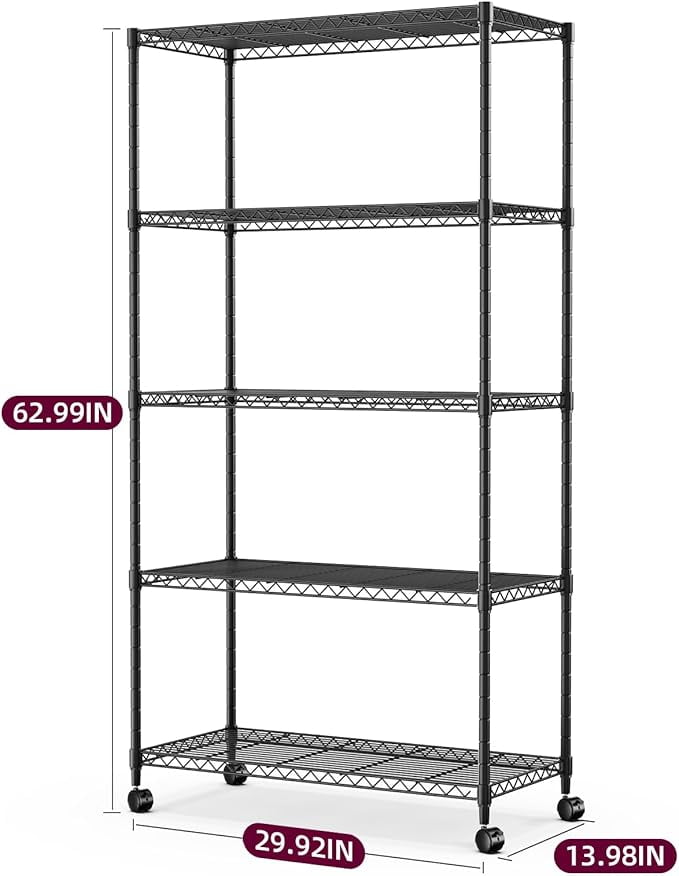 5-Tier Wire Storage Shelves,1250 Lbs Loading Capacity,29.92" W x 13.98" D x 61.02" H,Black