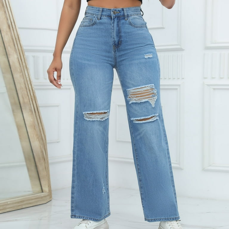 Skinny Jeans Women Women's Ripped Jeans Mid Waisted Jeans Wide Leg