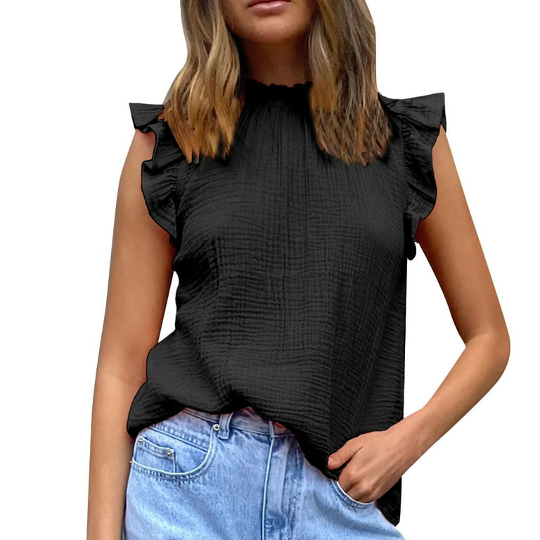 Sleeveless Frill-Trimmed Ruffle Neck Top in Pure Color, Loose Fit