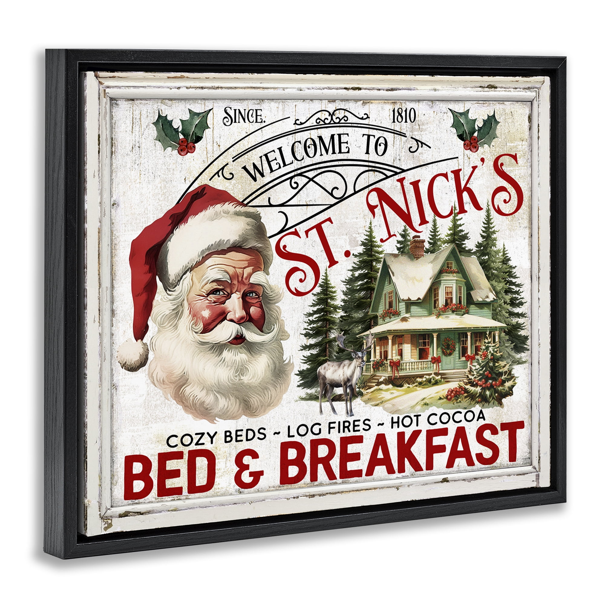 Stupell Industries St Nick's Bed & Breakfast Holiday Painting Black Floater Framed Canvas Art Prints Wall Art, 21 x 17