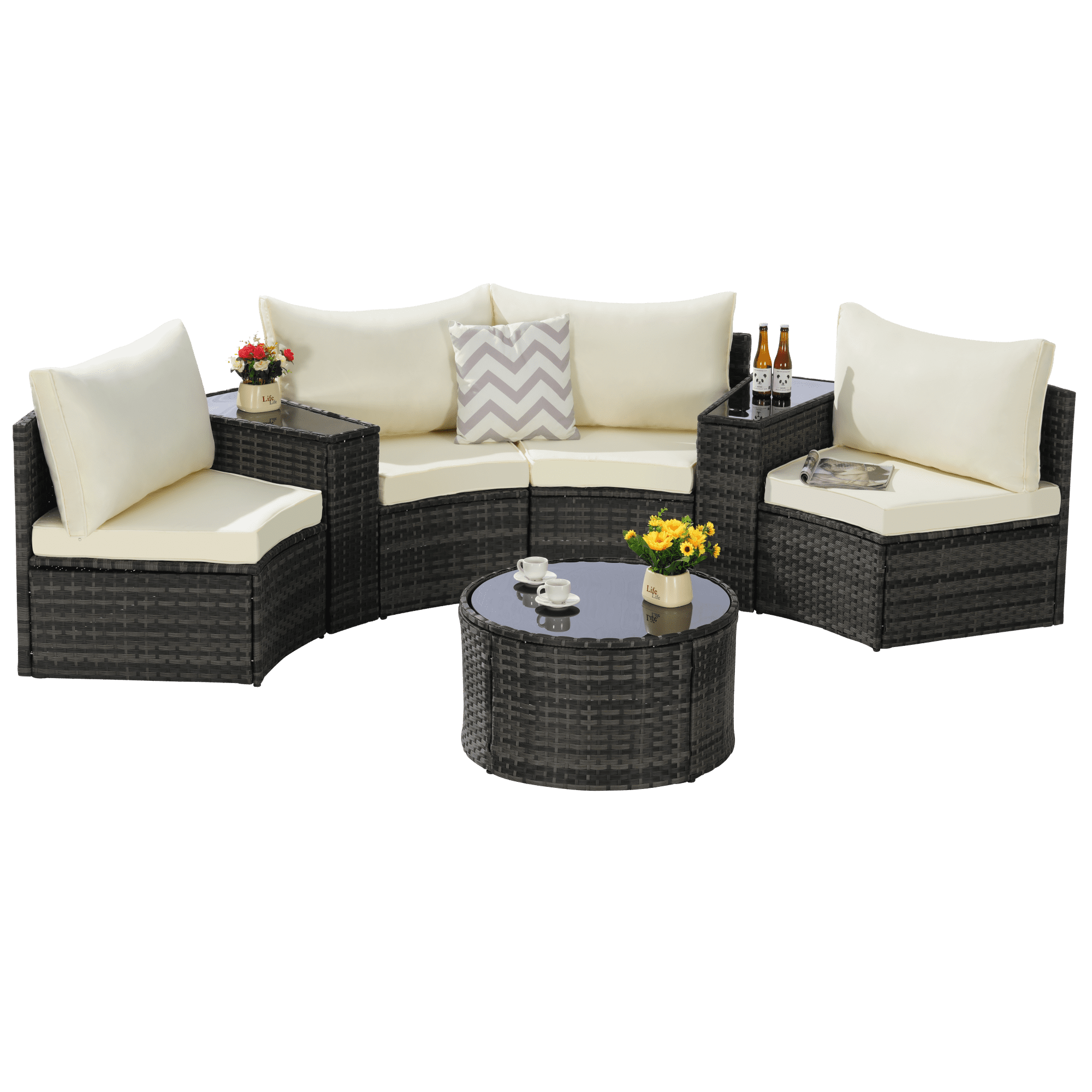 7-Piece Outdoor Patio Furniture Half-Moon Sectional Round Patio Furniture Set Sofa with Tempered Glass Round Coffee Table (Beige)