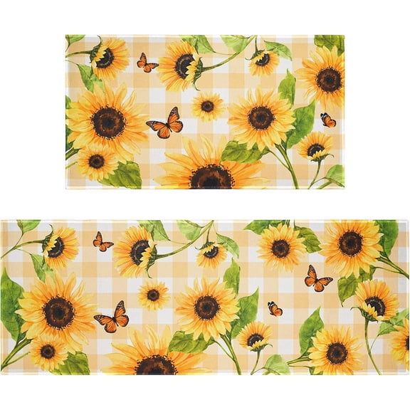 Sunflower Kitchen Mat Rug Set of 2- Plaid Butterfly Kitchen Rugs, Yellow Orange Watercolor Floral Sunflowers Kitchen Decor Things Kitchen Floor Mat- Sunflower Decor Accessories- 17x30 and 17x48 Inch