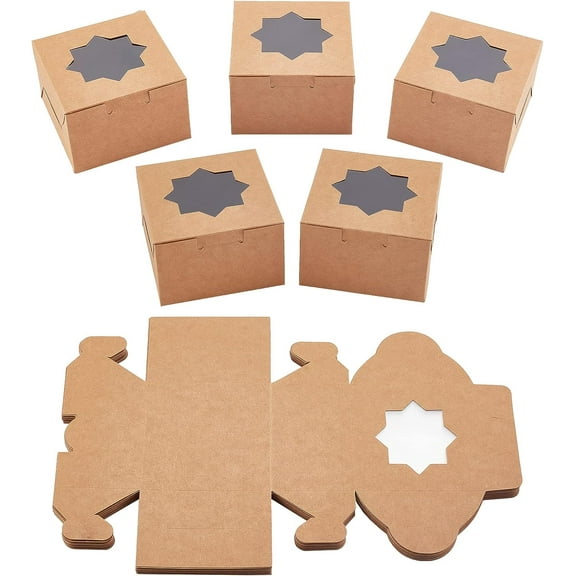 24pcs 10x10x6.5cm Finished Kraft Paper Cake Box Brown Bakery Single Cupcake Packing Box Square Paper Craft Box with Octagonal-Shaped Clear Window for Cookies Small Cakes diy