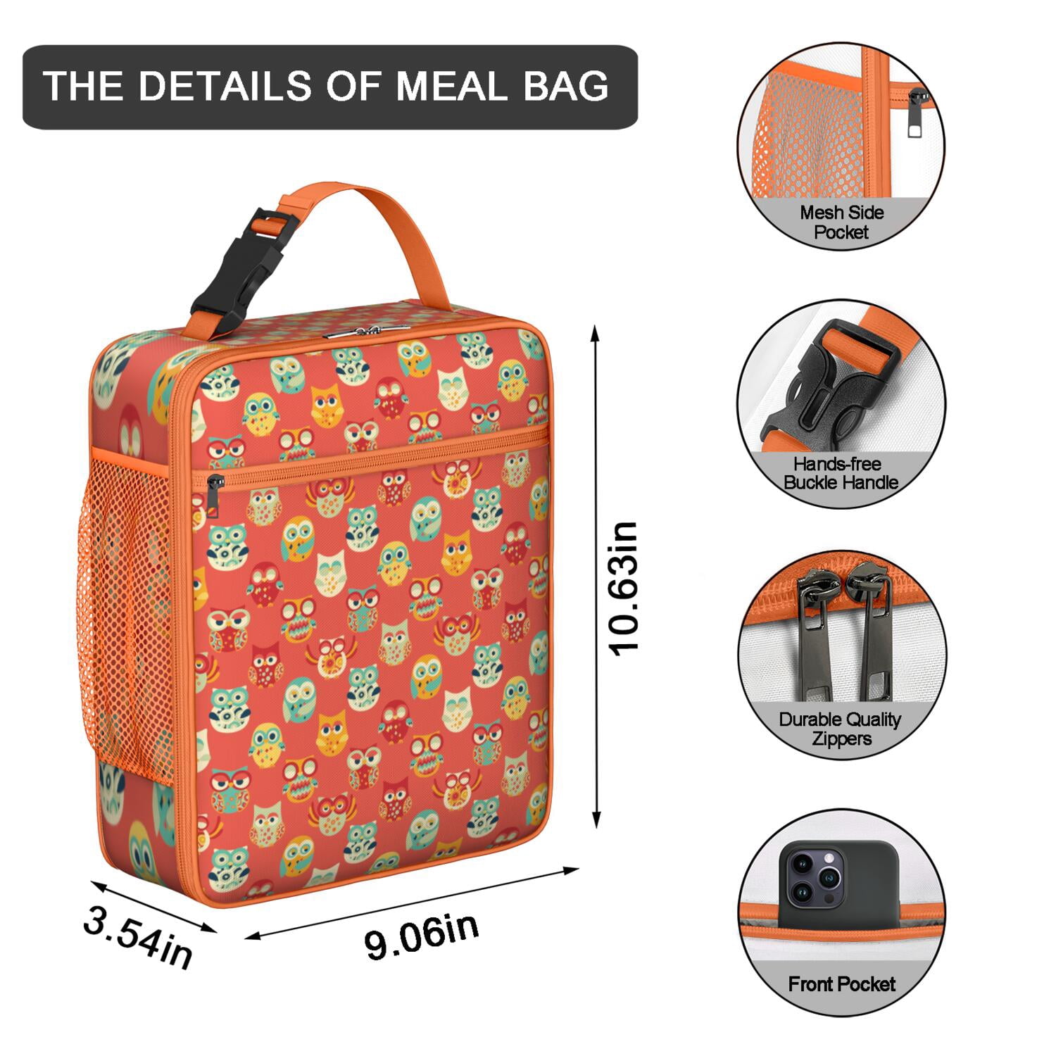 Cute Owl Lunch Bag for Women Men, Hand-Drawn Cartoon Owl with Big Eyes, Colorful Polka Dot and Night Sky Print, Insulated Bento Tote for School, Work, Travel