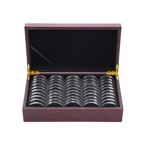 Vorfor 50Pcs Wooden Coin Storage Box, Coin Collector Display Commemorative Coin Case with 6 Sizes Foam Gasket and Plastic Storage Organizer Box