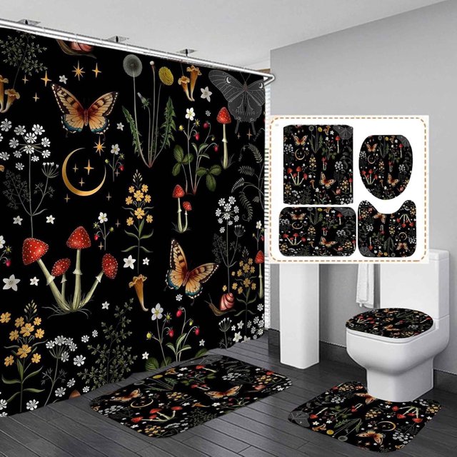Juego de 4 cortinas de ducha con diseño de setas rojas, diseño de luna, mariposa, polilla, cielo estrellado, hongo, planta verde, decoración botánica para baño, cortina de ducha de tela negra