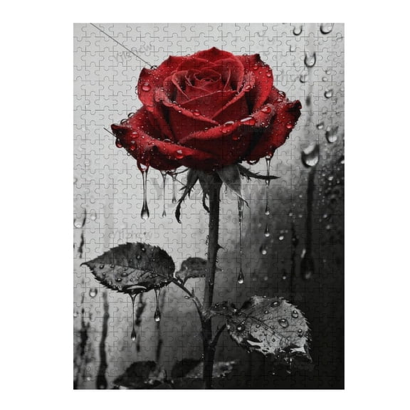 Red Rose with Raindrops Wooden Jigsaw Puzzle 500 Piece Puzzle for Adults Who Love Floral Art Challenging Relaxing Leisure Decorative Brain Activity Home Decor