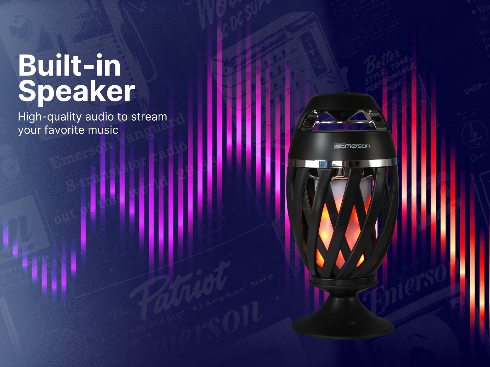 Emerson EAS-4000 Outdoor Flame Lamp with Bluetooth Speaker – Wireless Portable Speaker with Flickering Flame Light, Built-in Rechargeable Battery, and 360° Sound for Patio, Yard, Camping, and Parties