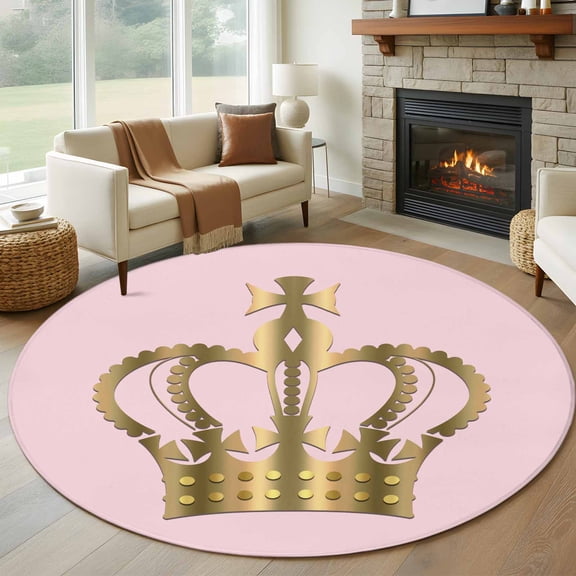 Golden Crown Round Rug 5ft Washable Circle Kitchen Rugs Non Slip Pink Modern Minimalist Abstract Art Large Area Rug Indoor Floor Carpet for Bedroom Living Room Home Office Dining Room Nursery