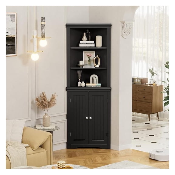 Corner Cabinet, Freestanding Corner Shelf with 2 Doors and 3 Shelves, Bathroom Corner Storage Cabinet for Bathroom, Living Room, Bedroom or Kitchen (Black)