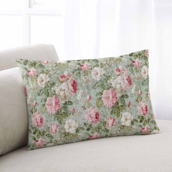 White Pink Flower Throw Pillow Covers, Shabby Chic Spring Vintage Leaf Green Soft Breathable Pillow Cases with Invisible Zipper for Sleeping, Toddler Pillowcases for Couch Bed Sofa Chair 12x20 Inches