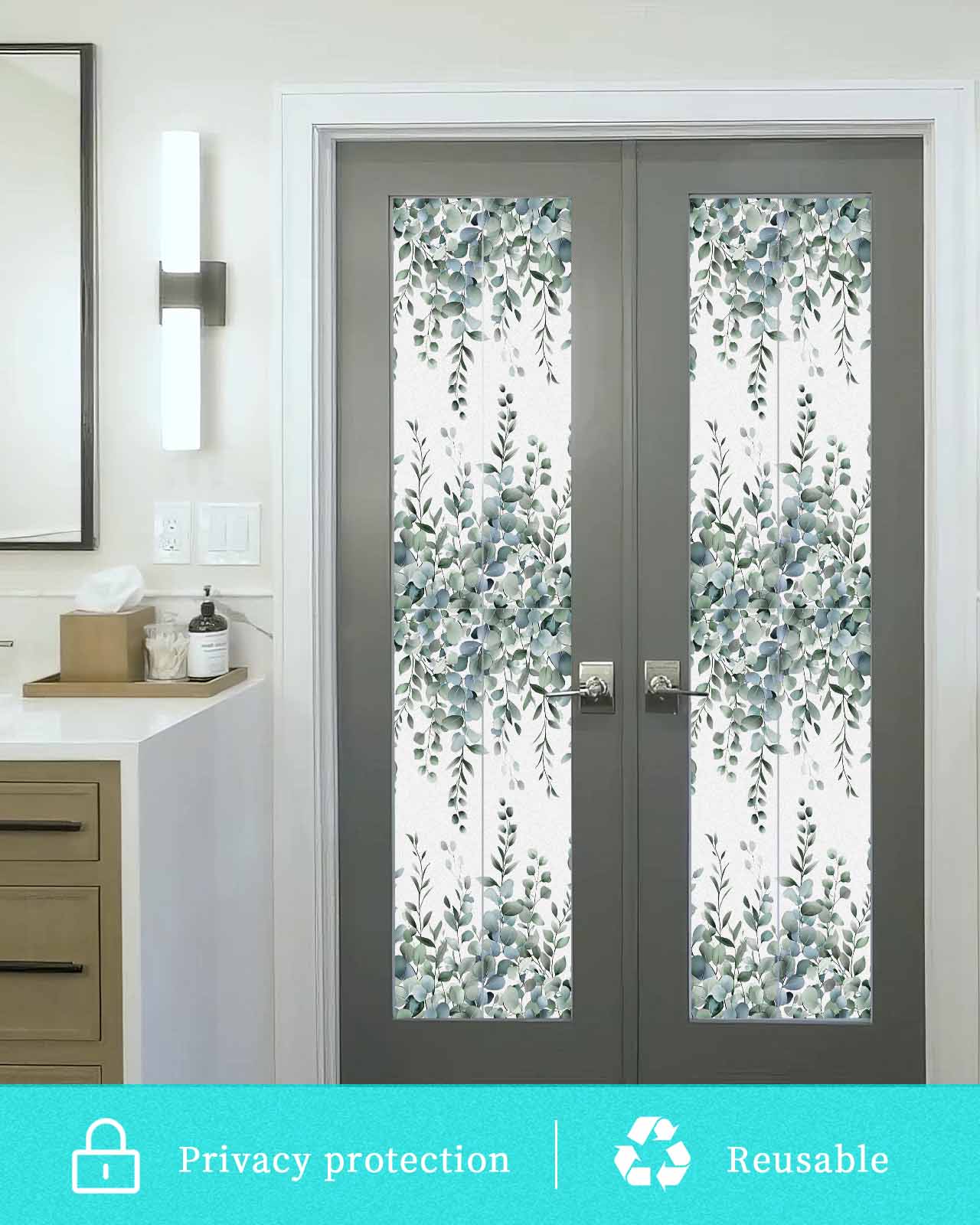 Window Privacy Film Green Eucalyptus Leaves Stained Glass Window Film Decorative Sun Block Window Cover Summer Botanical Watercolor Window Clings Static Adhesive Sticker for Bathroom 29.5"x118"