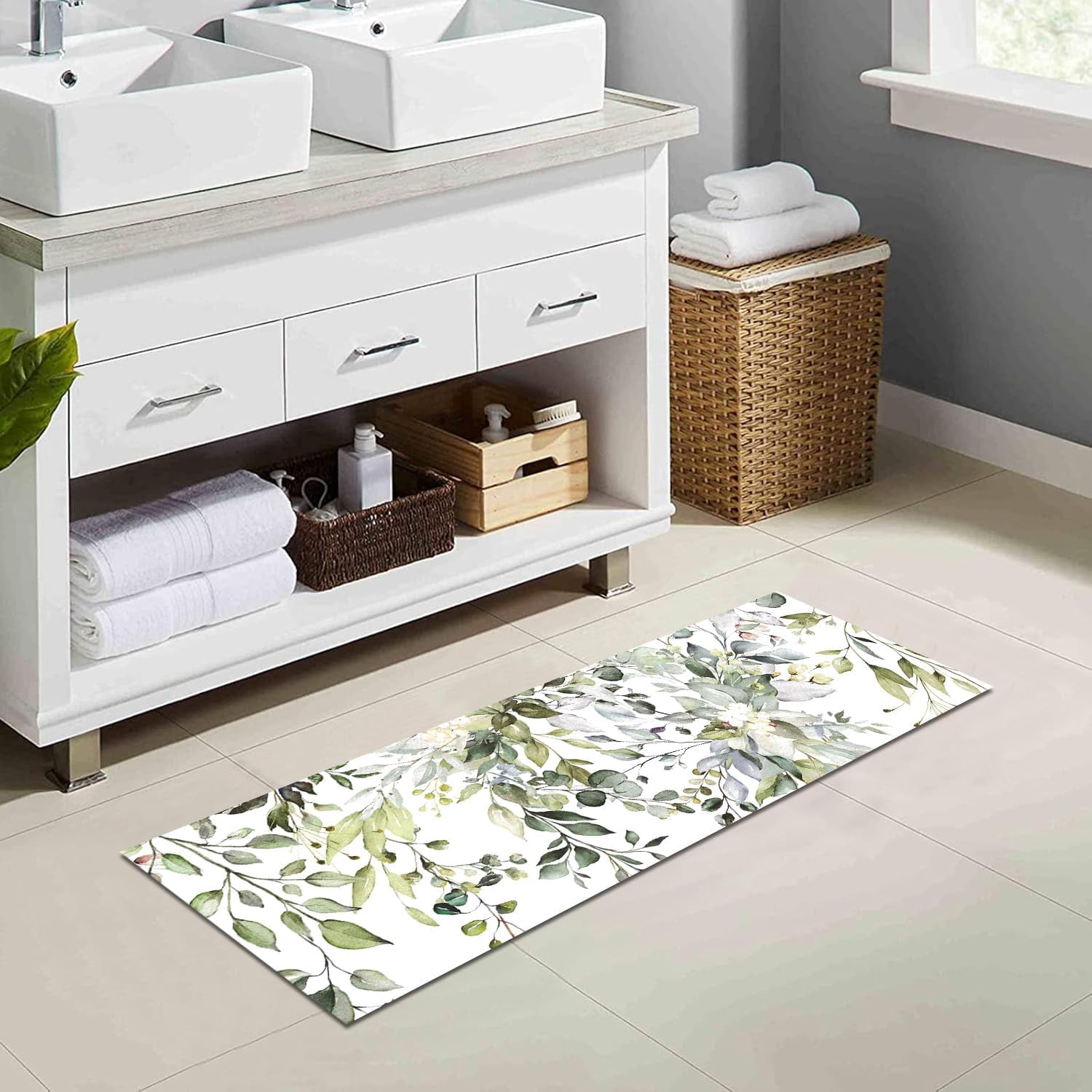 Sage Green Bathroom Rug Long , Boho Eucalyptus Bath Mat Runner Non Slip for Bathroom Bedroom Home Kitchen Decor,Spring Floral Plant Leaves Minimalist Diatomaceous Earth Quick Dry Absorbent Floor Mats