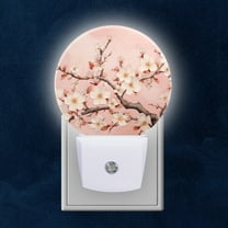 Round LED Night Lights Lamp with Dusk to Dawn Sensor, Beautiful Painting Of White Cherry Blossoms On Pink Background Night Light Plug Into Wall for Kids Room, Bedroom, Bathroom, Kitchen, Hallway