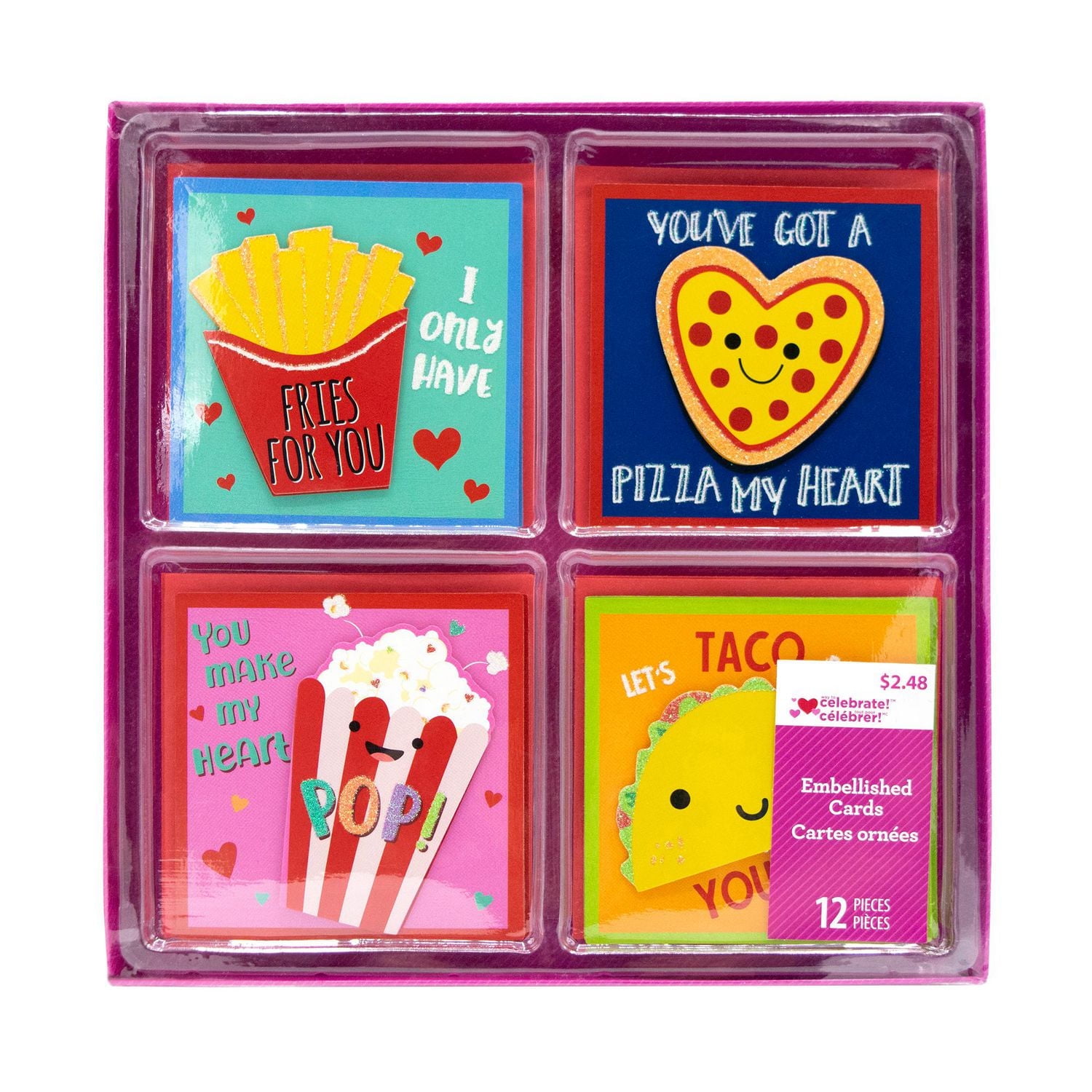 Assorted Valentines Kiddie Cards, 12 count with Envelopes (Fries, Pizza, Popcorn, Taco)