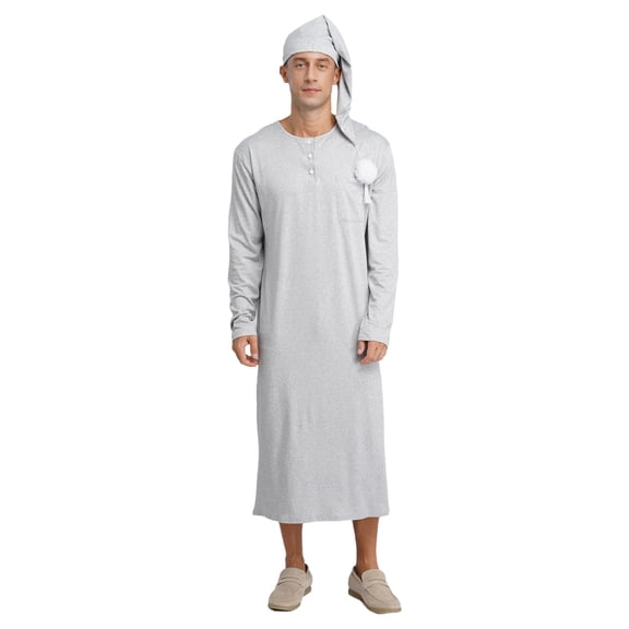 Zaldita Mens Middle East Pajama Sets Button Up Long Robe Sleeping Nightshirt with Hat Outfits Gray M