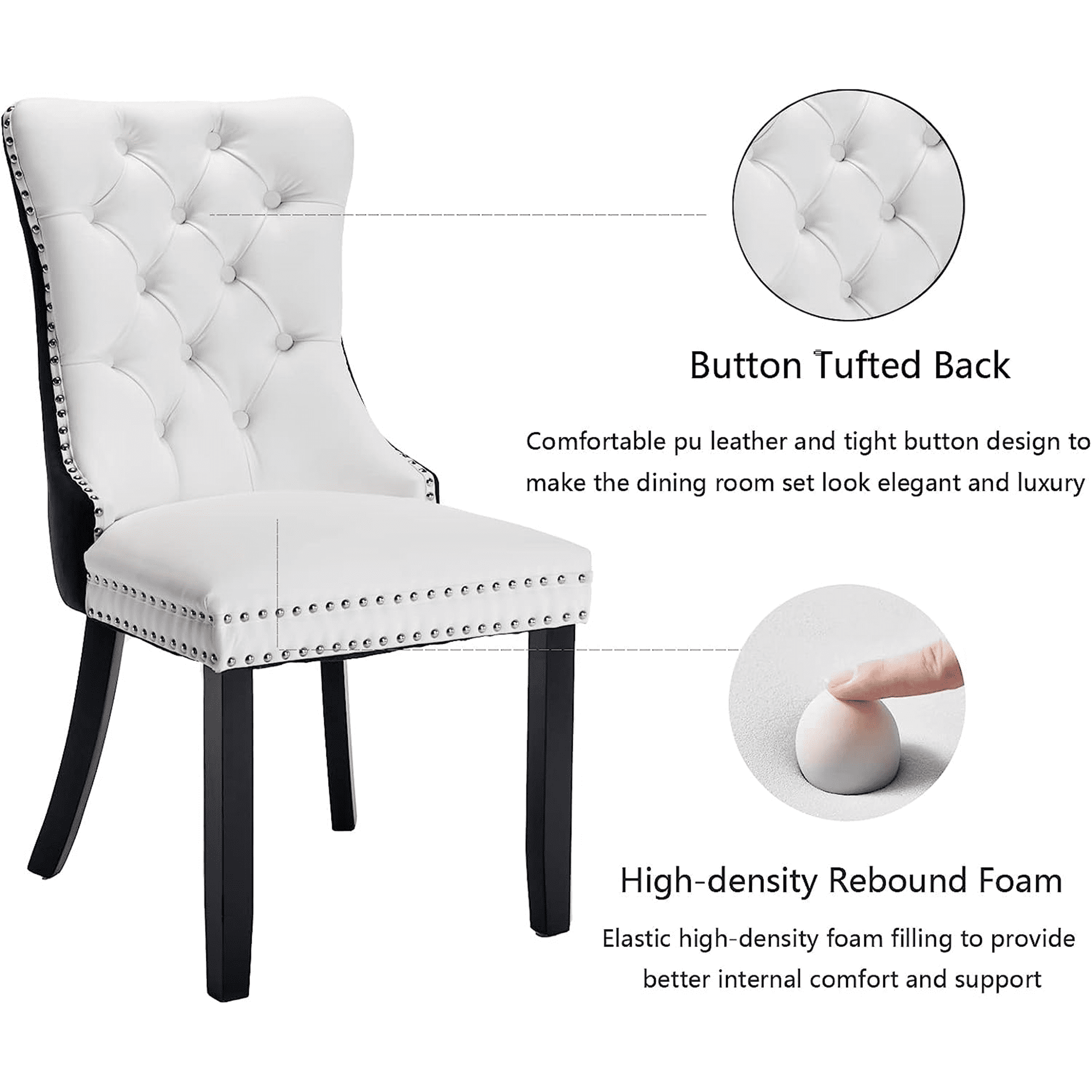 PORKISS Dining Chairs Set of 2, Modern Wood and PU Dining Room Chairs with Back Ring and Nailhead Trim, Upholstered Tufted Velvet Chair with Wood Legs for Kitchen, White/Black