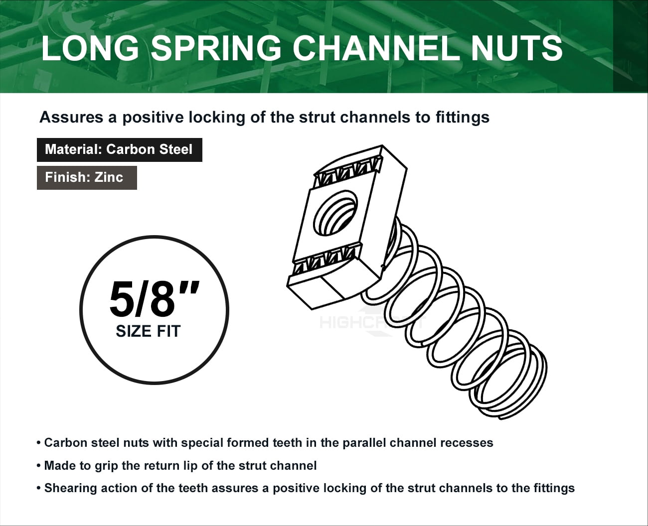 Highcraft 5/8" X 1-3/8" Threaded Strut Channel Nuts W/ Long Spring, Steel 50 Pk