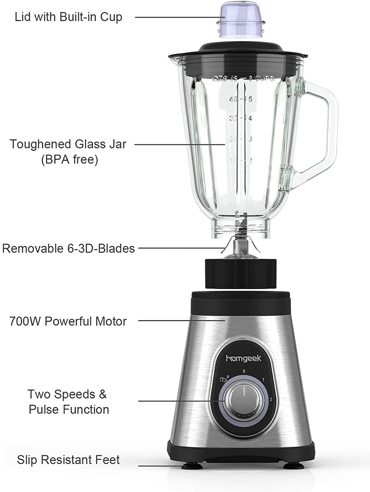 Kitchen Blender, Smoothie Blender, 750W Countertop Blender, with 2  Adjustable Speeds Pulse Function, Kitchen Blender with 48oz Glass Pitcher  for 