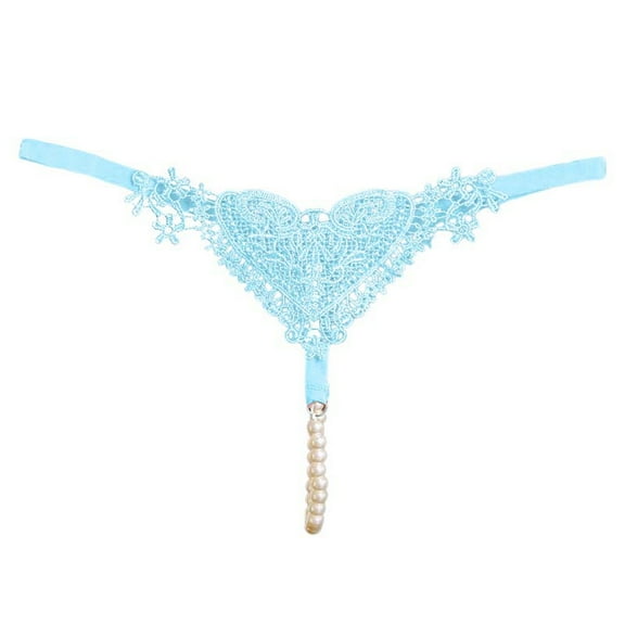 Panties for Women,Seamless Thong Underwear with Lace Mesh Embroidery Hollow Design High Elastic Thin Belt and Pearl,Womens Underwear,Blue,One Size