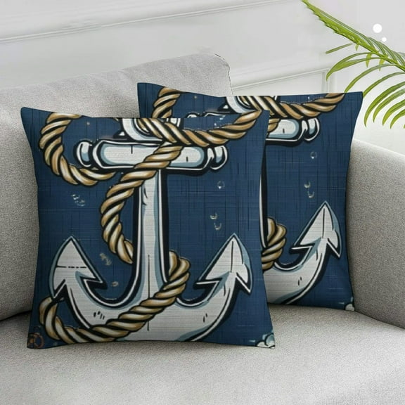 Acheng Nautical Rudder Anchor Throw Pillow Covers Denim Texture Navy Blue Decorative Pillows Case Outdoor Cushion Covers for Couch Sofa Bed Home Decor,2 Pcs White