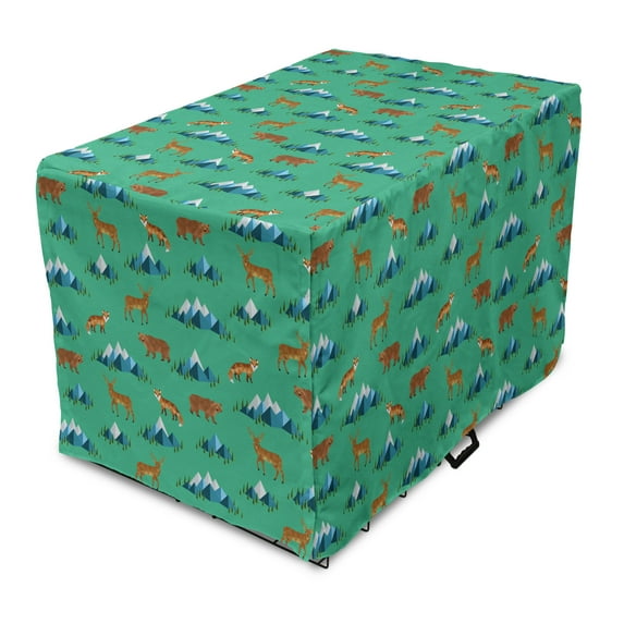 Animal Dog Crate Cover, Polygon Abstract Deer Fox Bear Mountains Illustration, Easy to Use Pet Kennel Cover Small Dogs Puppies Kittens, 7 Sizes, Sea Green Dark Turquoise, by Ambesonne