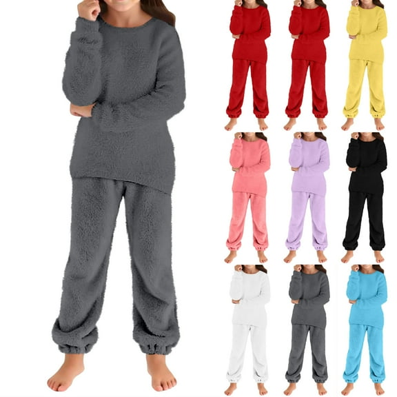 Girls Sherpa Fleece Homewear Sets Casual Crewneck Long Sleeve Sweatshits And Loose Fuzzy Long Pants Kids Lightweight Winter Warm Loungewear