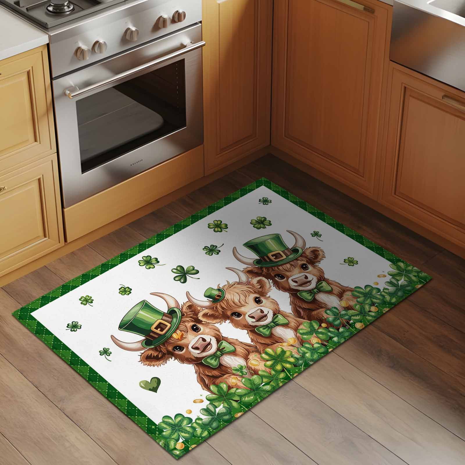 Entryway Rug 2'x3', St. Patrick's Day Small Rug for Kitchen Bathroom Door Mat Indoor Entrance, Cute Highland Cow Shamrock Gold Coin Green Non-Slip Area Rugs Floor Mats Carpet Front Door Rugs