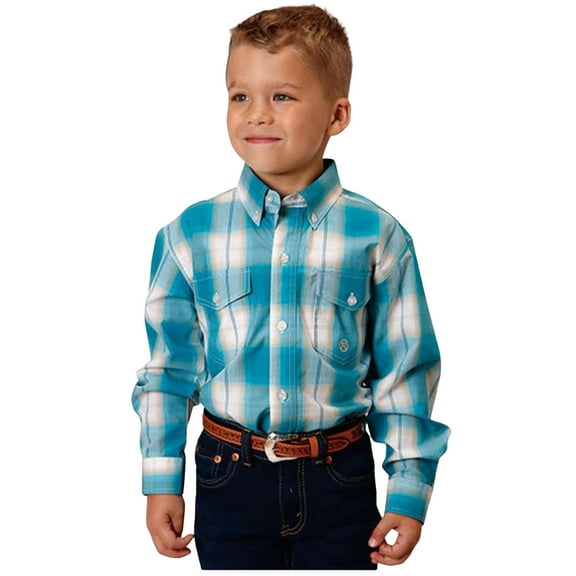 Roper Boys Long Sleeve Button Turquoise Sand Ombre Plaid Western Shirt