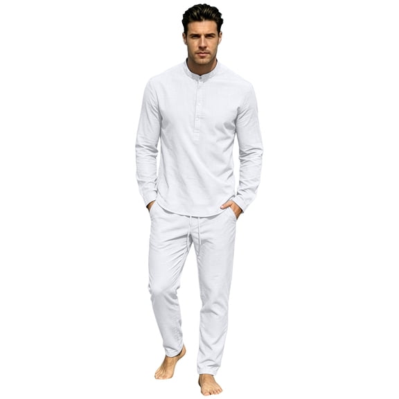 GrmtClth Mens Everyday Henley Matching Set Stand Collar Long Sleeve Shirt and Drawstring Pants Outdoor Leisure Outfit White M