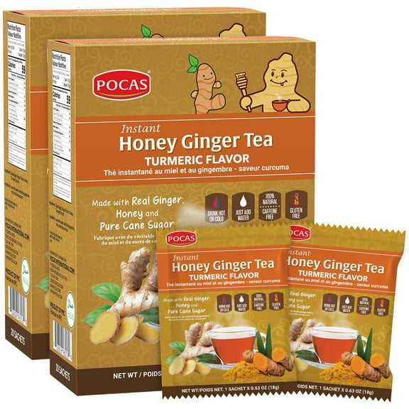 POCAS Instant Honey Ginger Tea with Turmeric – 2-Pack (40 Sachets), Caffeine-Free, Gluten-Free