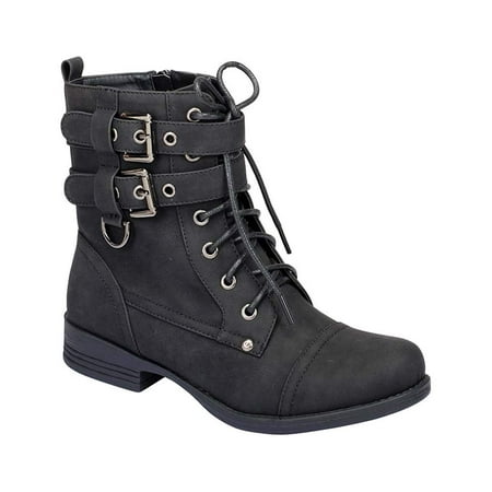 Leather Lace Up Combat Boots - Strappy Round Toe Lace Up Military Combat Boot Vegan Leather Women's - 6