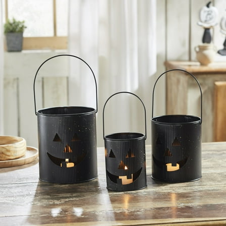 VHC Brands Jack-O-Lantern Bucket Set of 3 - 5/6/7 inch, Fall and Halloween Kitchen Dining Table Candle Holder, Pumpkin Decor Deep Black, Rust Brown