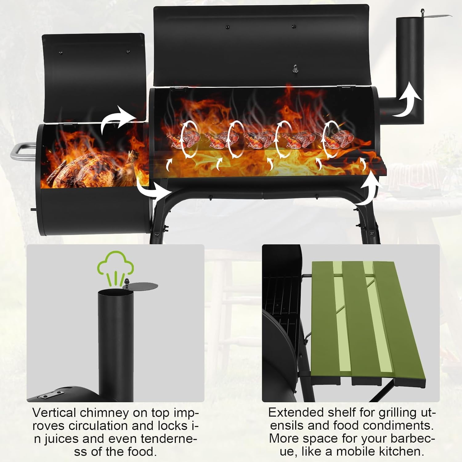 Dkelincs 43" Portable Charcoal Grills with Offset Smoker and Thermometer, Outdoor Barbecue Grill for BBQ Camping Picnic