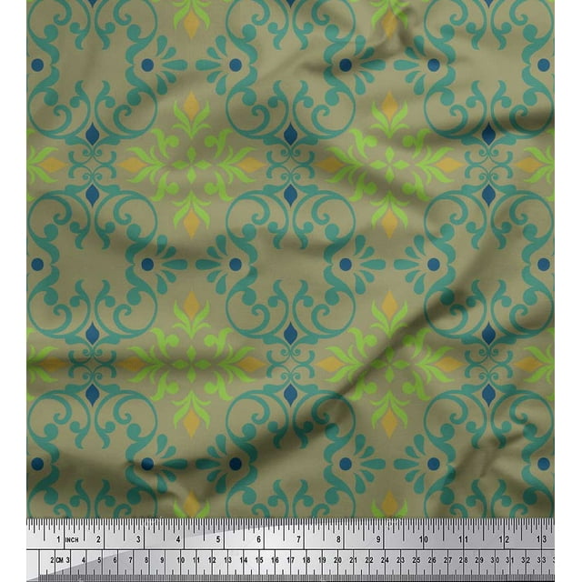Soimoi Green Poly Georgette Fabric Moroccan Damask Decor Fabric Printed Yard 52 Inch Wide