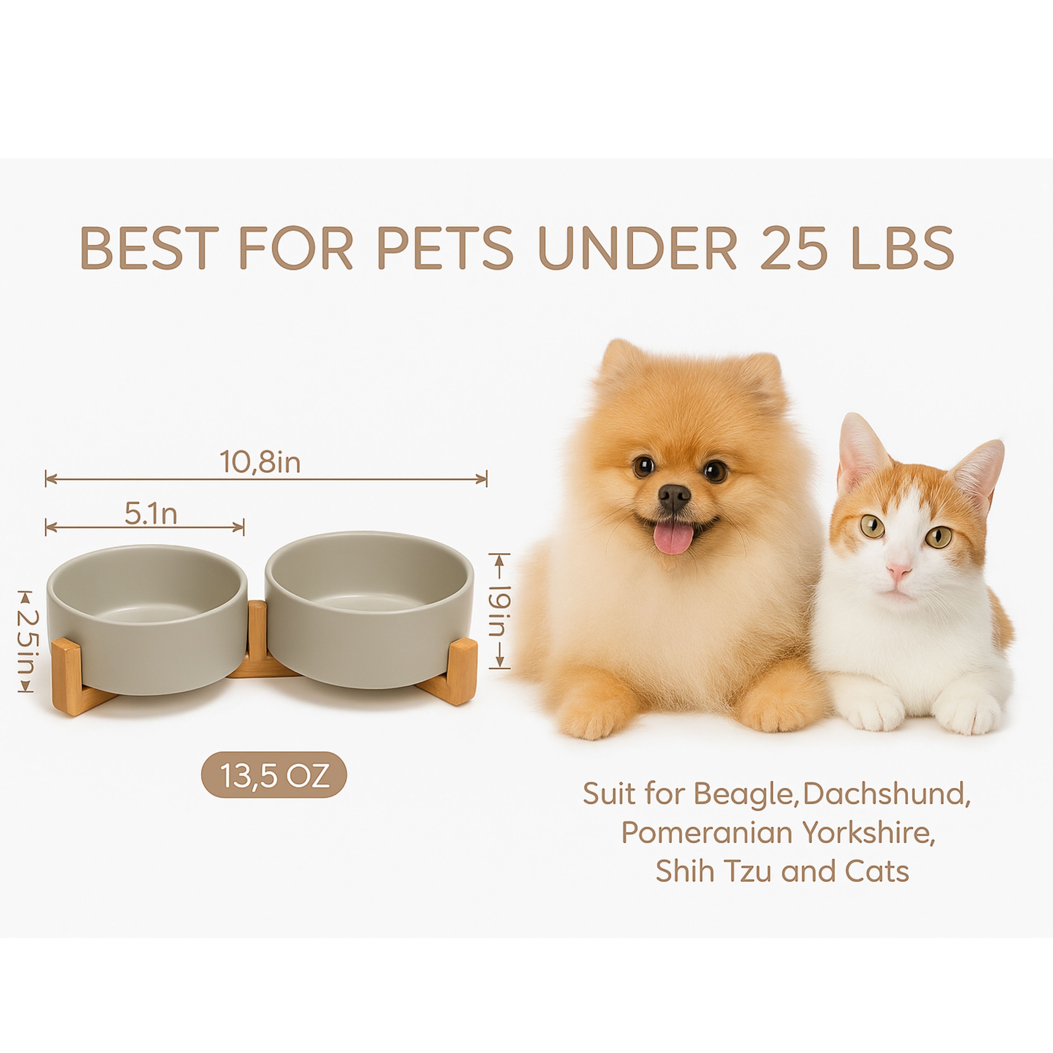 13.5oz Ceramic Dog and Cat Bowls with Bamboo Stand, Tilted Elevated Pet Feeder, Non-Slip Food and Water Bowls for Small Dogs and Cats, Anti-Vomit Design, Dishwasher Safe, Modern Style