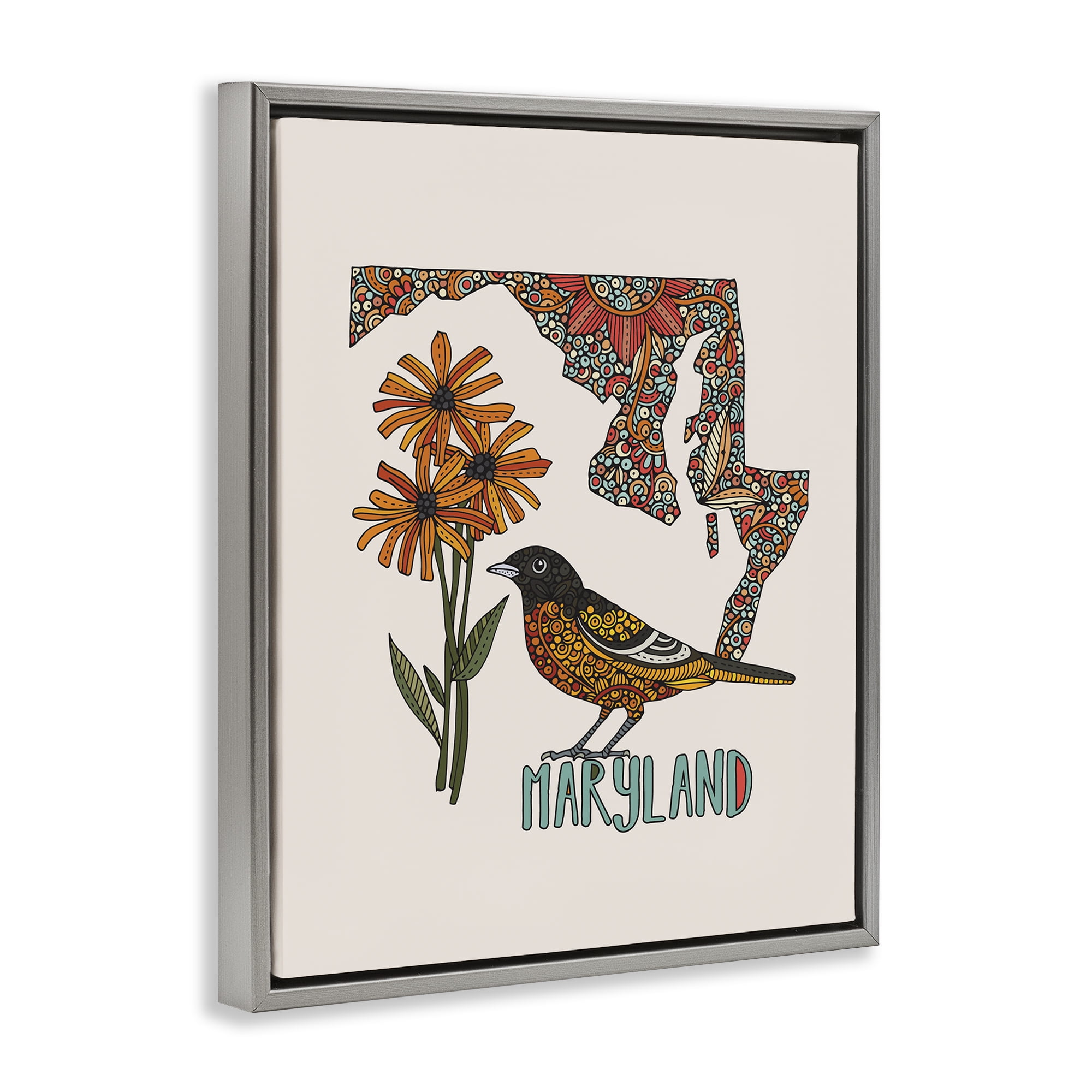 Stupell Industries Floral Maryland State Botanical & Floral Painting Gray Floater Framed Art Print Wall Art, 17 x 21