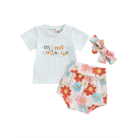 

Sunisery Infant Baby Girl 3Pcs Outfits Letter Print Short Sleeve T-Shirts + Floral Print Shorts + Headband Summer Set White 6-12 Months