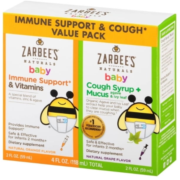 2 Pack ZarBee's Naturals Baby Immune Support & Cough Syrup/Mucus Reducer, Orange and Grape