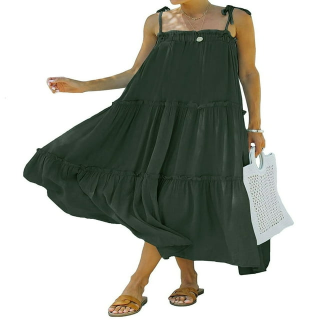 PENGXIANG Femmes d'Été Spaghetti Sangle Longue Maxi Robe Haut Bas Robe à Volants Étagée en Vrac Plage Fluide Robe Longue Abricot XL