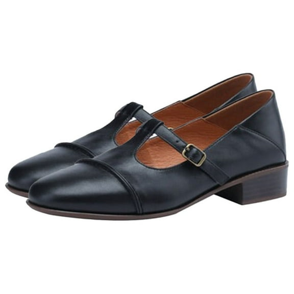 KIJBLAE Women's Leather Mary Jane Shoes Buckle T-Strap Round Toe Chunky Heel Vintage Retro Office Work Pumps Footwear Black 35
