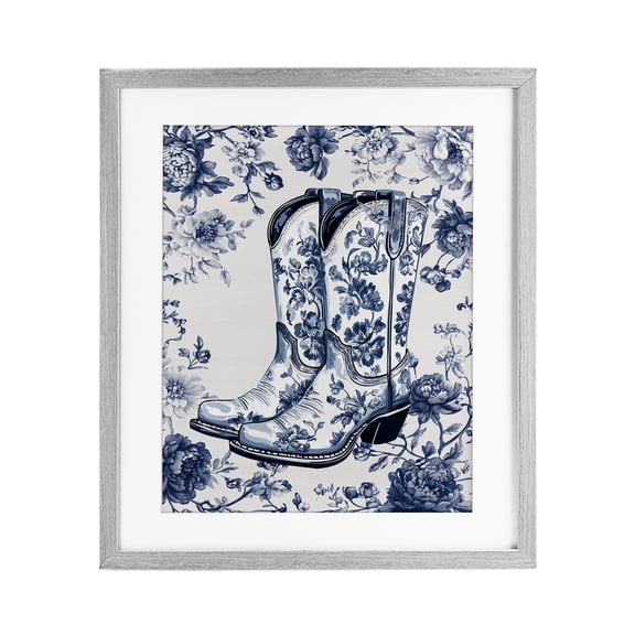 Stupell Industries Southwestern Blue Spring Florals & Boots Gray Framed Print Under Glass, 13 x 16, by Lettered and Lined
