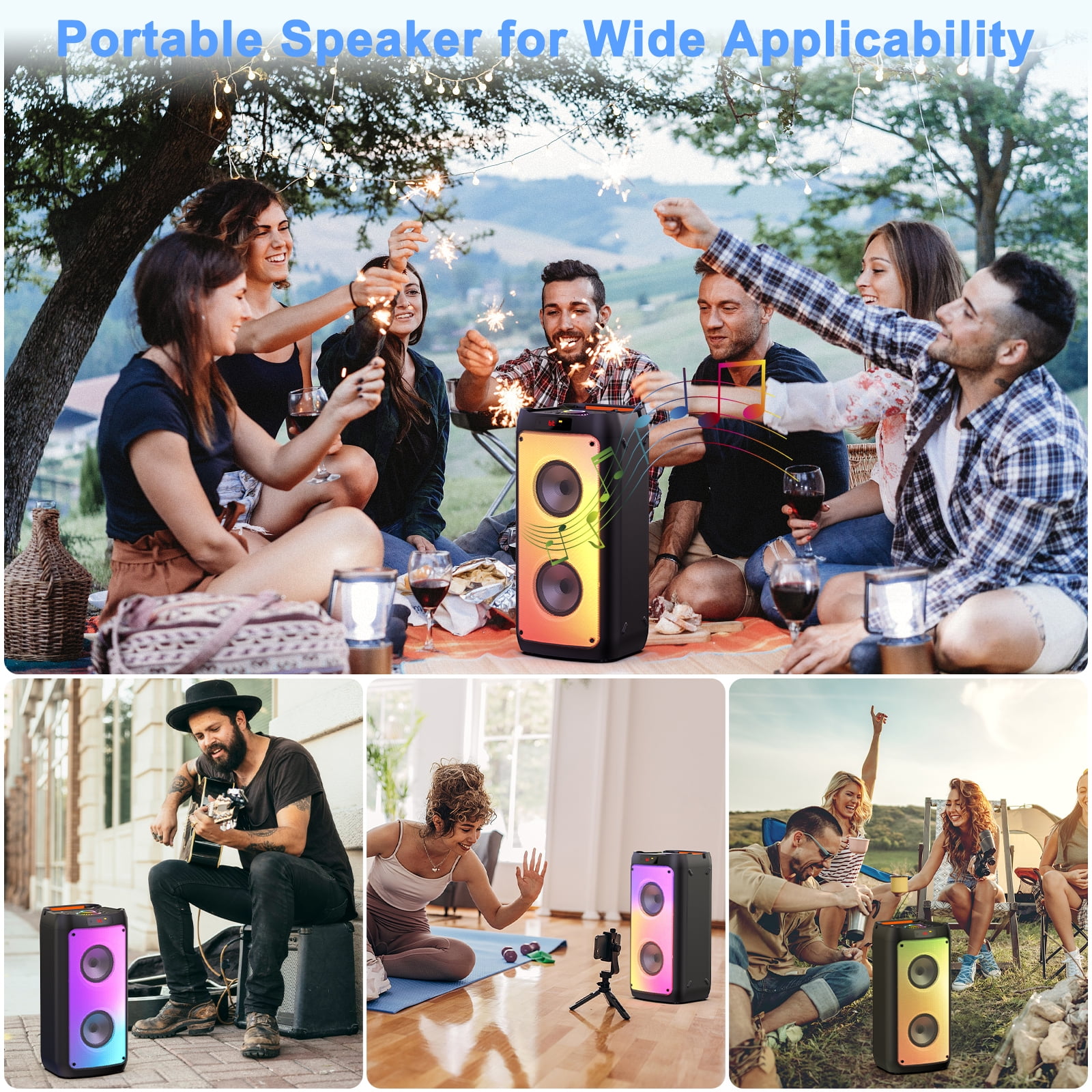 FanFun Large Party Speaker, Bluetooth Speaker with 2 Wireless Microphones, Double Subwoofer Outdoor Powerful Speakers, PA System with Deep Bass, T10-T